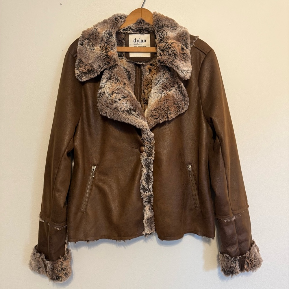 Dylan Faux Leather Faux Fur Coat Brown Gray Women’s Large Retro Feel